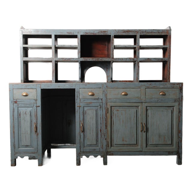 Mid 20th Century Blue Painted Wooden Counter With Hutch Display & Storage Cabinet For Sale