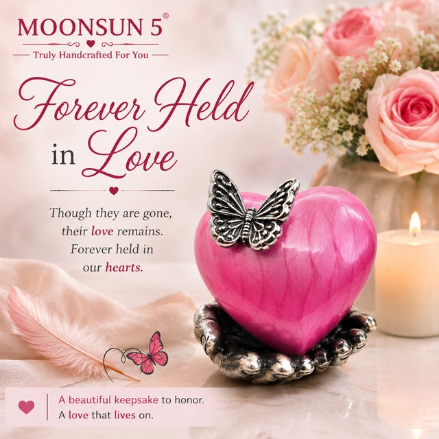 Pink Butterfly Heart Cremation Urn With Hand Stand With Picture Frame With Silver Butterfly 7x9 Inches | Memorial Keepsake for Ashes, For Sale - Image 12 of 14