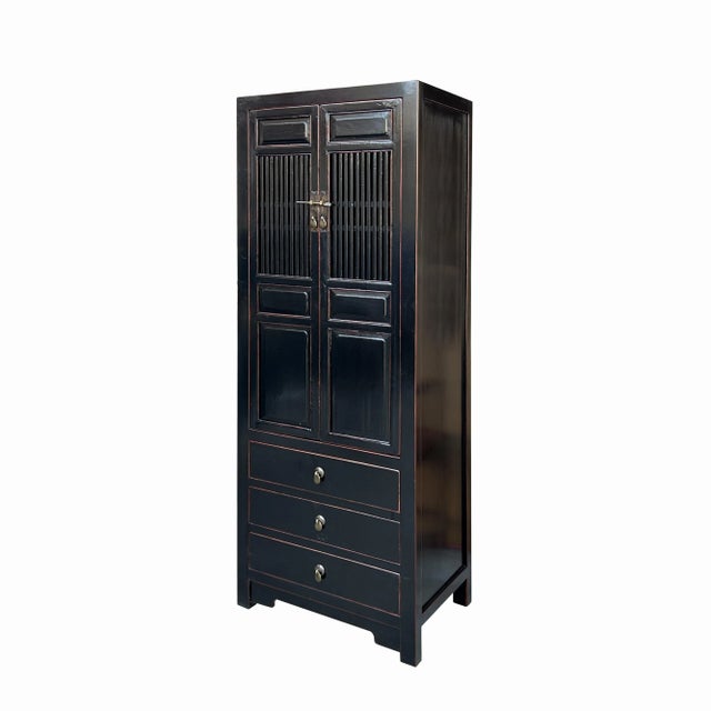 Oriental Black Narrow Wood Carving Shutter Doors Drawers Storage Cabinet For Sale - Image 4 of 5