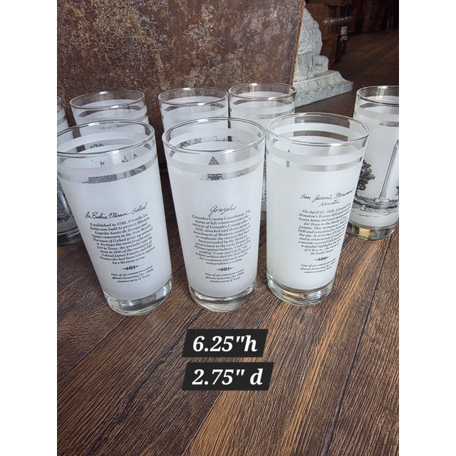 Set of 10 frosted glasses...Texas Monuments and historic landmarks....four matching pairs and two that are singles.
