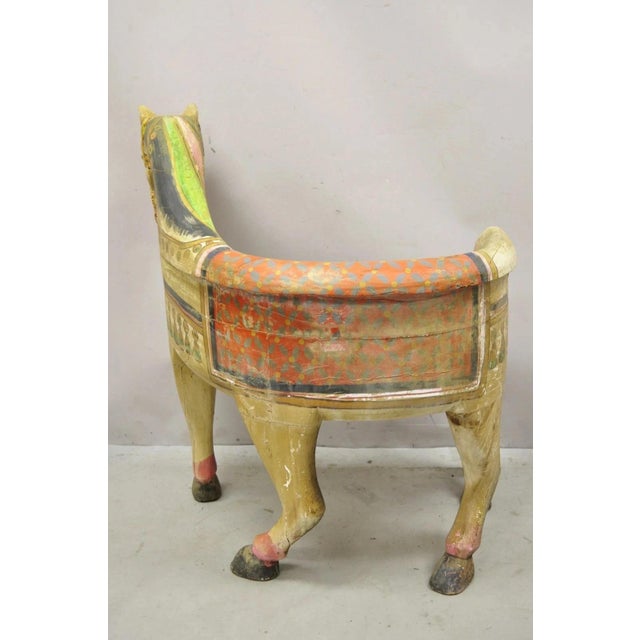 Red Vintage Figural Primitive Solid Carved Wood Red & Green Horse Bench Seat Chair For Sale - Image 8 of 12