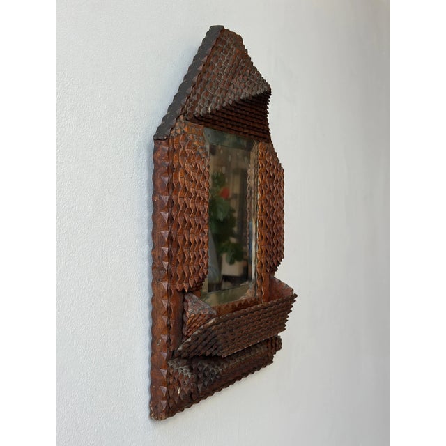 Late 19th Century Antique Geometric Chip Carved Wall Pocket / Comb Box With Beveled Glass Mirror, Circa Late 19th Century For Sale - Image 5 of 17