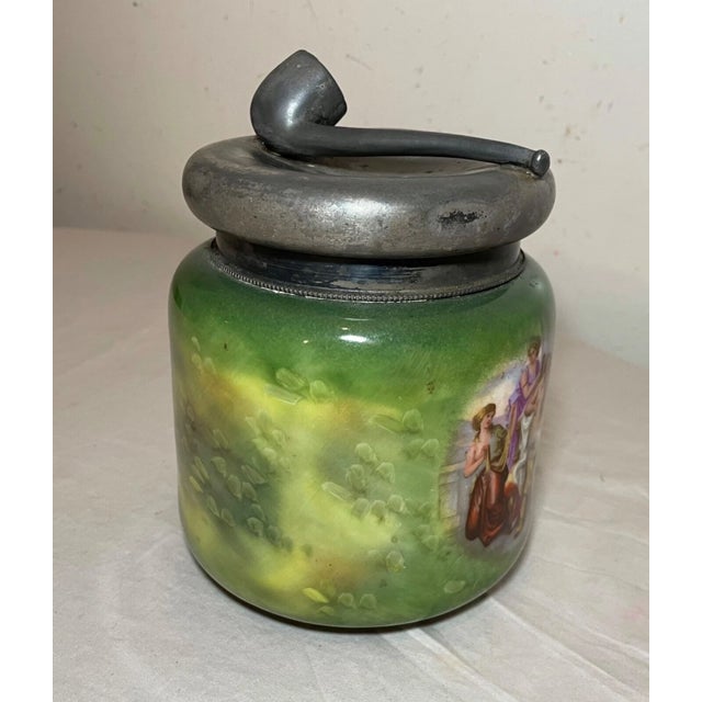Antique Austrian Painted Carlsbad Porcelain Silverplate Tobacco Pipe Jar Humidor For Sale - Image 12 of 14