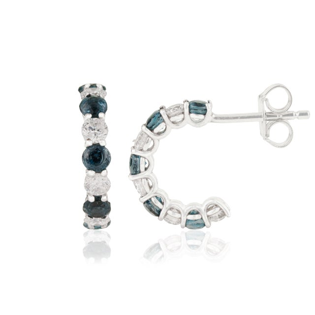 Modern Round Blue Sapphire & Diamond Half Hoop Earrings in 14k White Gold- A Pair For Sale - Image 4 of 15