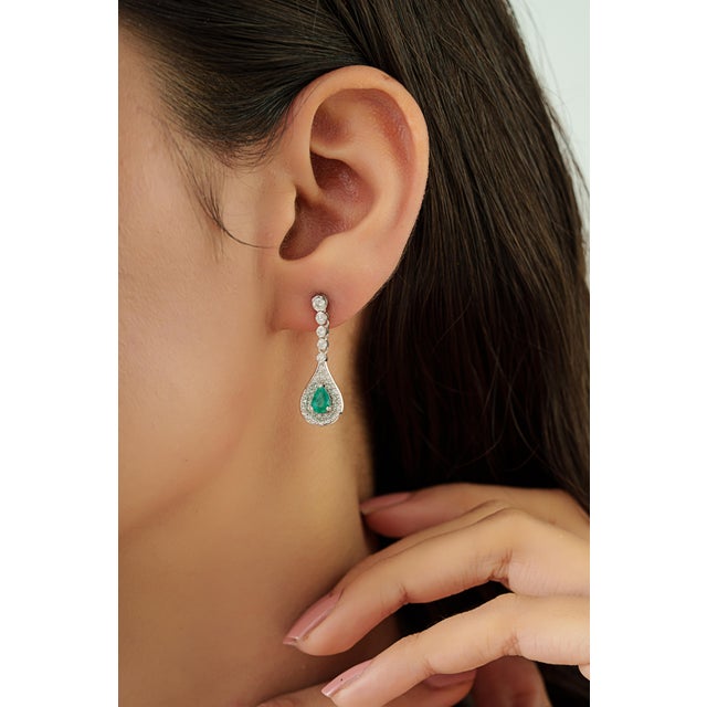 Not Yet Made - Made To Order Luxury Pear Cut Zambian Emerald & Diamond Halo Drop Earrings in 14k White Gold- A Pair For Sale - Image 5 of 11
