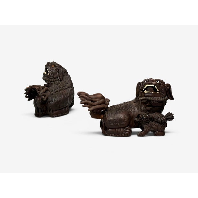 19th Century Chinese Export, Opposing Foo Dogs, Solid Teakwood, Glass, China, 19th C. For Sale - Image 5 of 18