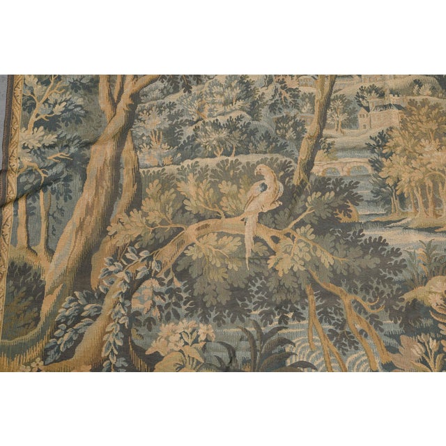1950s French Verdure Tapestry, Woodland Landscape With Birds and Distant Château For Sale - Image 5 of 6