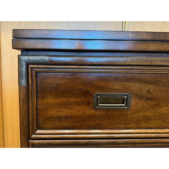 Wood MCM Henredon Campaign Style Walnut and Rattan Rolling Bar/Cabinet W/ Expandable Flip Top For Sale - Image 7 of 12