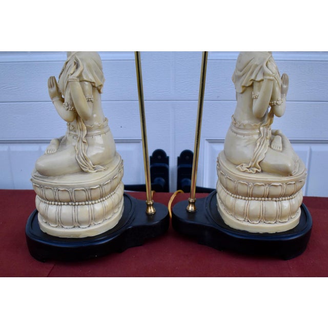 Vintage HMH Pair of Table Lamps Guanyin Asian Faux Ivory For Sale - Image 11 of 16