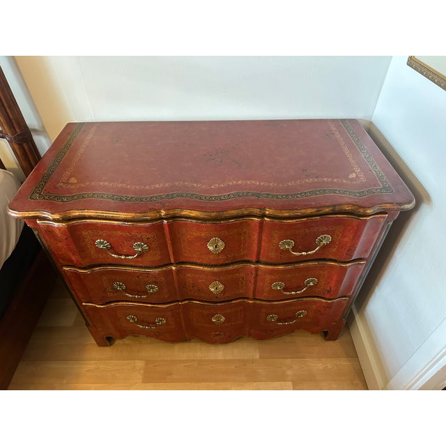 Theodore Alexander Red Leather-Wrapped Serpentine Three-Drawer Chest With Gilt Decoration For Sale - Image 12 of 16