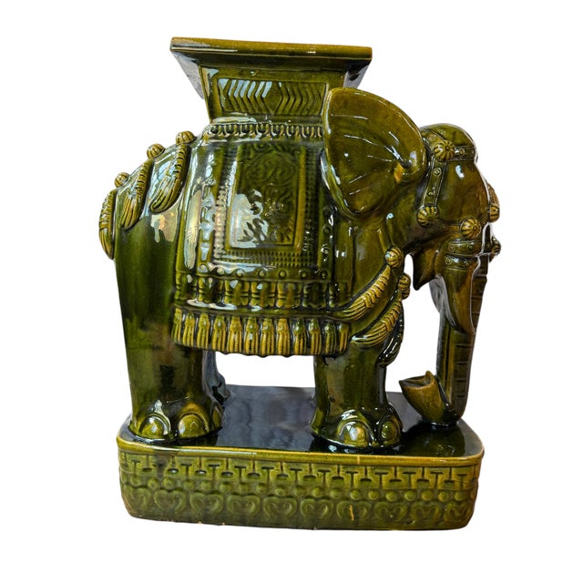 Mid 20th Century Green Glazed Ceramic Elephant Garden Stool / Plant Stand For Sale - Image 4 of 12