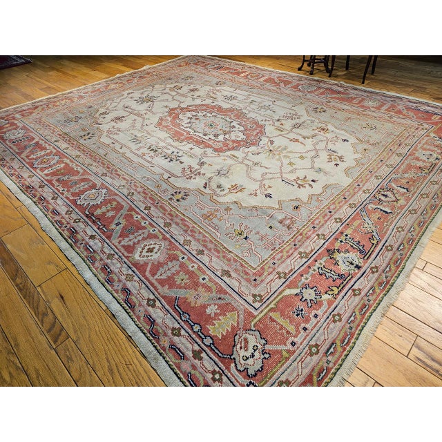 Vintage Turkish Oushak Rug, Hand-Knotted Geometric Pattern, Ivory & Brick Red, 12' X 14' For Sale - Image 11 of 13