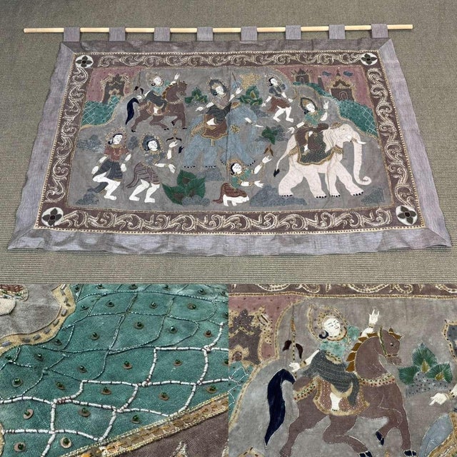 Antique Burmese tapestry called Kalaga - scene of a procession with a white elephant - mid-20th century - W=1.43m H=1.04m