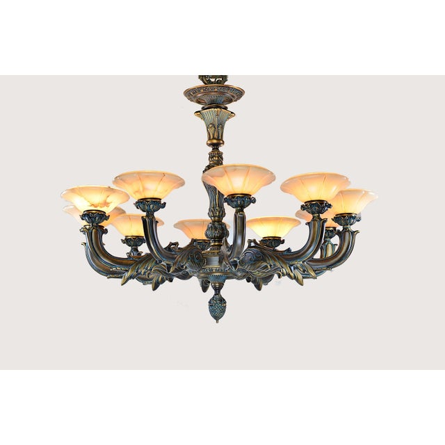 Large Spanish Alabaster Globe Chandelier 10-Light Solid Bronze 40" W For Sale - Image 9 of 11