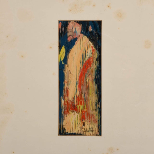 This Framed Signed J. Akston Looming Form Artwork captures a boldly abstract figure rendered in thick, expressive strokes...