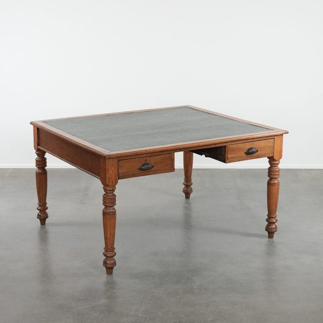 Antique Partner Desk with Drawers and Green Leather Top For Sale - Image 13 of 13