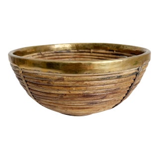 1970s Gabriella Crespi Brass and Split Reed Basket Bowl, Attributed For Sale