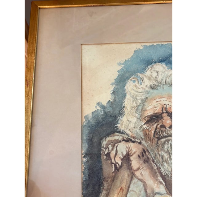 Vintage Watercolor Portrait of Old Man With Beard Original & Signed Gilded Wood Frame For Sale - Image 4 of 15