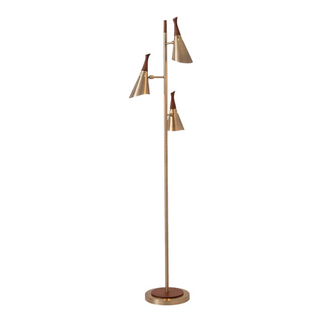 1960s Encinitas Mid Century Modern Tree Floor Lamp, Weathered Brass and Black, Switch on Each Shade For Sale