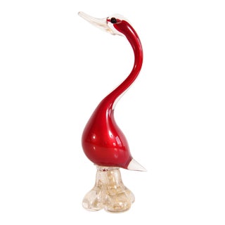 Hand Blown Murano Art Glass Swan in Brilliant Red With Gold Fleck Base For Sale