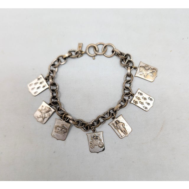 Monet Vintage 1930s Signed Monet Silvertone Coat of Arms Charm Bracelet For Sale - Image 4 of 8