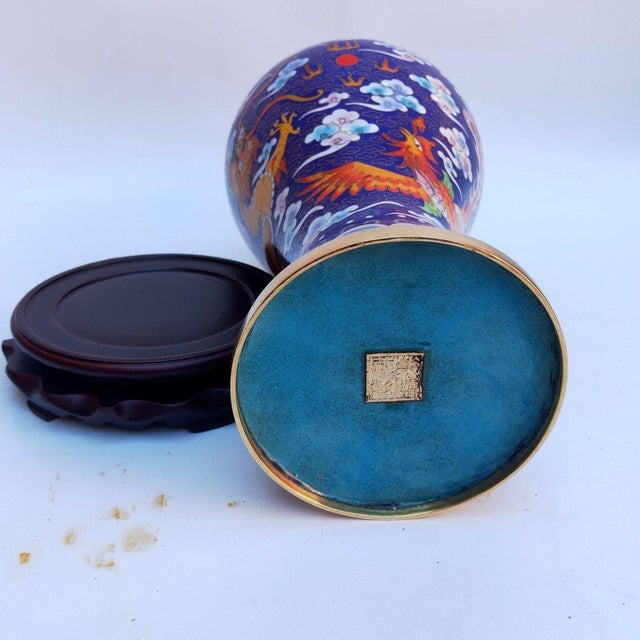 Vintage Cloisonné Enamel Meiping Vase – Dragon & Phoenix Motif, With Box & Stand For Sale - Image 9 of 9
