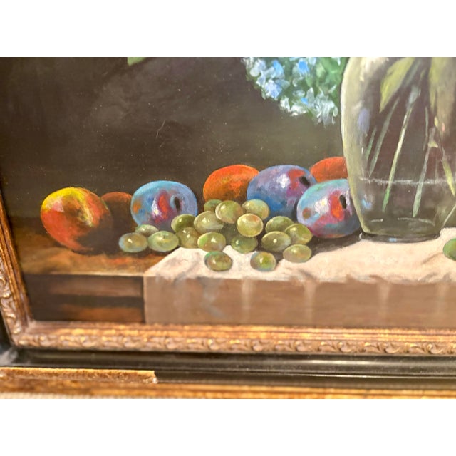 Traditional Vintage Hydrangeas and Fruit Still Life Oil on Canvas For Sale - Image 3 of 10