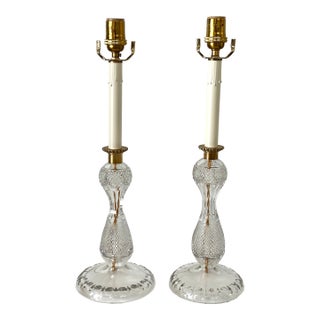 Early 20th Century Wheel Cut Glass Candlestick Lamps - a Pair For Sale