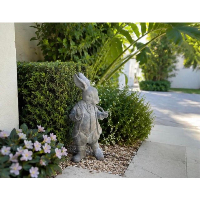 Vintage Whimsical Cast Iron Dapper Rabbit Garden Statue Holding a Pipe For Sale - Image 11 of 12