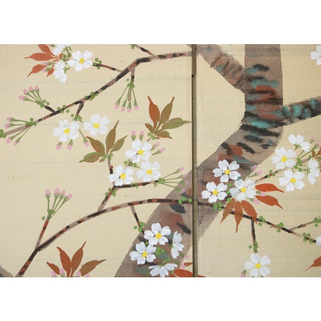 1960s "Blue and White Flycatchers and Blossoming Plum Tree", Showa Japanese Byobu Screen For Sale - Image 15 of 18