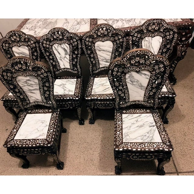 Vintage Chinese Rosewood Mother-of-Pearl Inlaid Dining Set – Rectangular Table + 6 Chairs With Marble Tops For Sale - Image 4 of 12