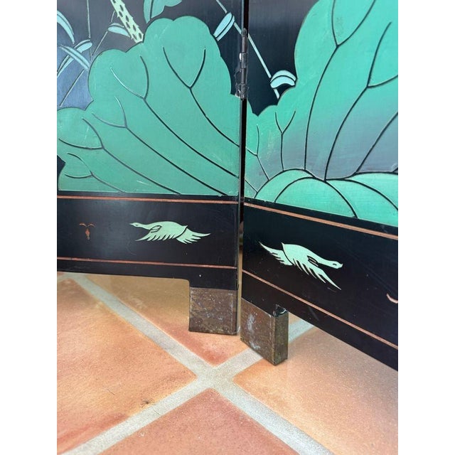 Vintage Chinese Four Panel Room Divider, Folding Screen With a Chinoiserie Pond Scene Painted on Both Sides For Sale In Miami - Image 6 of 9
