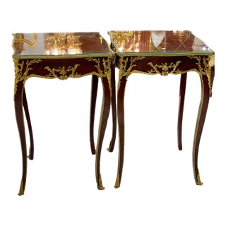 French Accent Side Table With Glass Top, Gold Leaf & Bronze Details For Sale