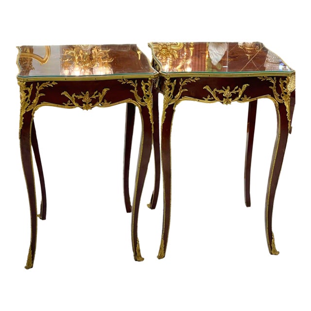 French Accent Side Table With Glass Top, Gold Leaf & Bronze Details For Sale