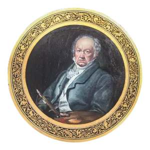 1930s Vintage Oil Hand Painted Miniature Portrait of Painter, Francisco Goya on Brass Dish Plate After Vicente López Portaña