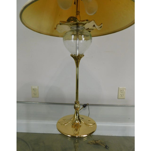 Metal Vintage Quoizel Brass and Glass Foliate Table Lamps W/Shades - a Pair For Sale - Image 7 of 13