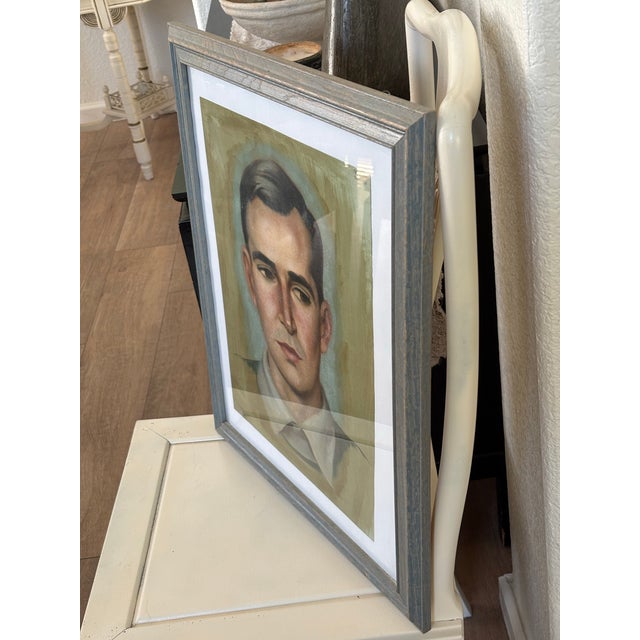 Vintage Midcentury Framed Artisan Portrait of a Handsome Man For Sale In Sacramento - Image 6 of 7