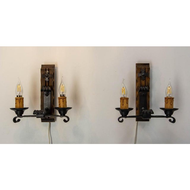 1960s French Double Sconces in Pine and Wrought Iron, 1960, Set of 2 For Sale - Image 5 of 13