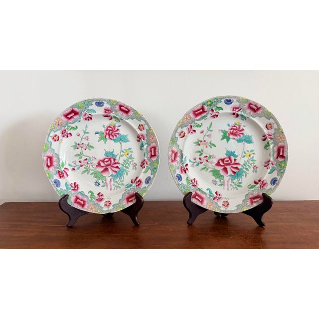 Pink Pair Antique Chinoiserie Style Georgian Hicks & Meigh Ironstone Plates For Sale - Image 8 of 9