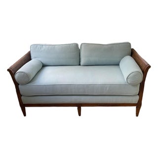 Vintage Upholstered Cane Settee For Sale