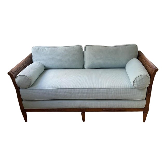 Vintage Upholstered Cane Settee For Sale