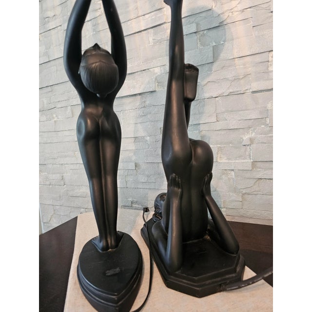 Set of 2 Vintage Art Deco Black Lamps Nude Woman Holding a Globe Figural For Sale - Image 12 of 12