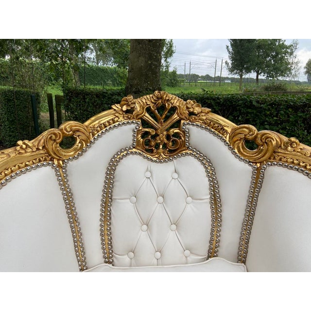 1950s 1950s Artisan Louis XVI Gold Wood Leather Bergères-Pair For Sale - Image 5 of 9