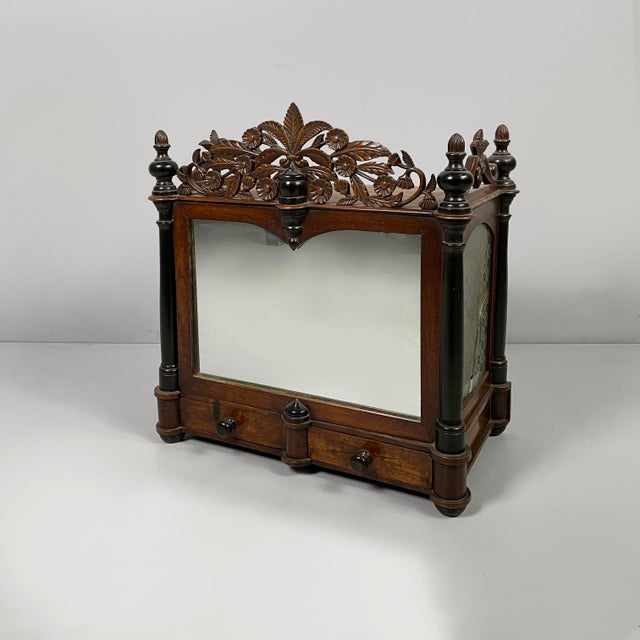 Italian 19th-century style wooden table or wall cabinet with mirror, 1930s Tabletop or wall-mounted cabinet in finely...