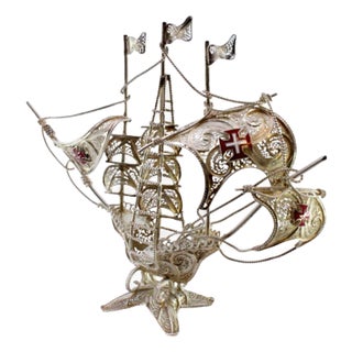 Silver Filigree Caravel with Enamelled Crosses For Sale