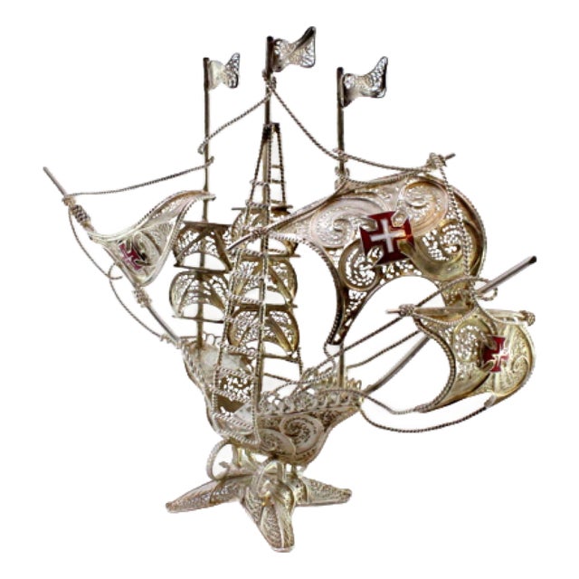 Silver Filigree Caravel with Enamelled Crosses For Sale