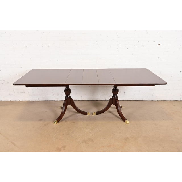 Baker Furniture Style Georgian Mahogany Double Pedestal Extension Dining Table, Newly Refinished For Sale - Image 12 of 12