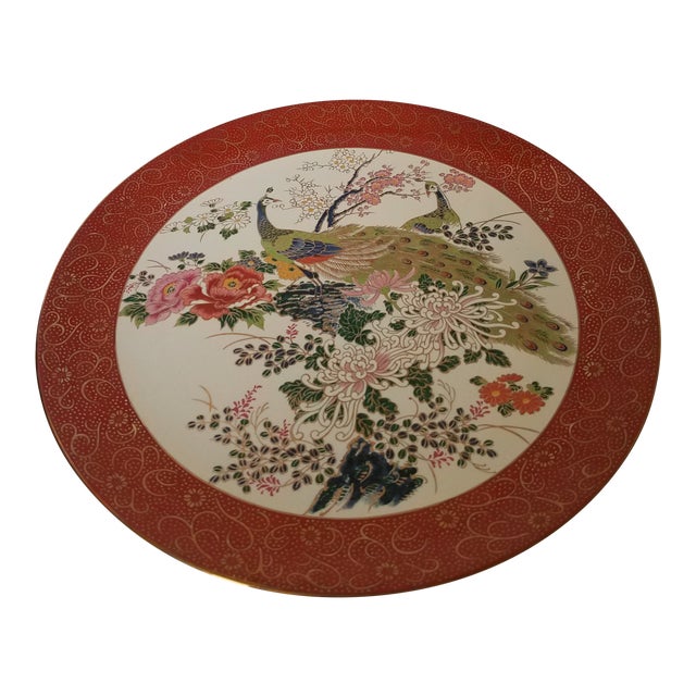 Vintage Japenese Satsuma Double Peacock & Peony Hand Painted Porcelain Plate For Sale