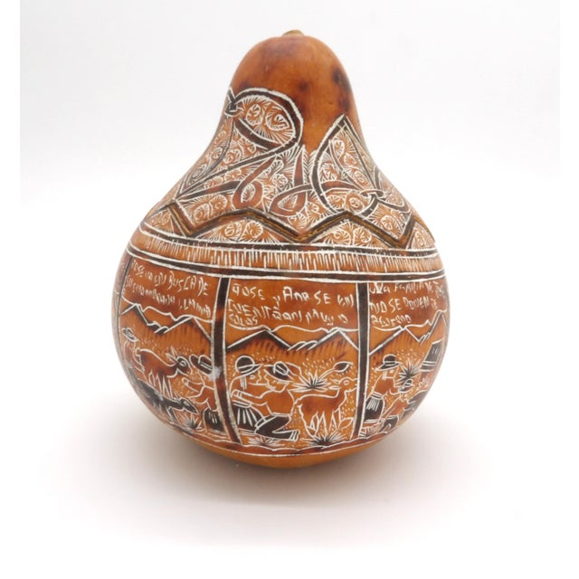 1980s Peruvian Hand-Carved Mate Burilado Folk Art Gourd Box Signed For Sale - Image 11 of 11