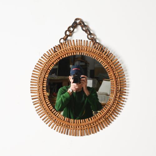 Round Rattan and Bambo Mirror with Chain attributed to Franco Albini, Italy, 1960s For Sale - Image 3 of 13